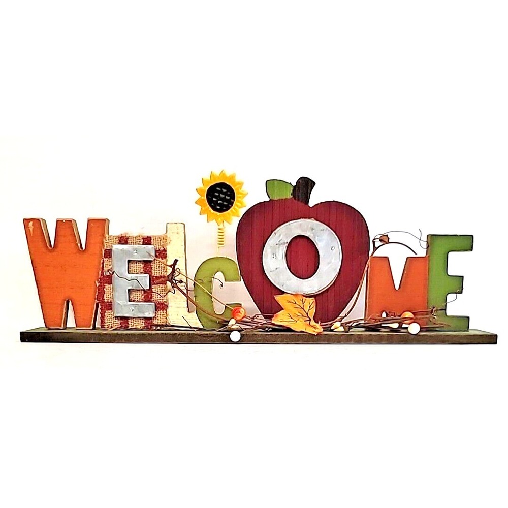 Fall Wooden Welcome Sign Apple Sunflower Crafts Decoration Autumn Harvest